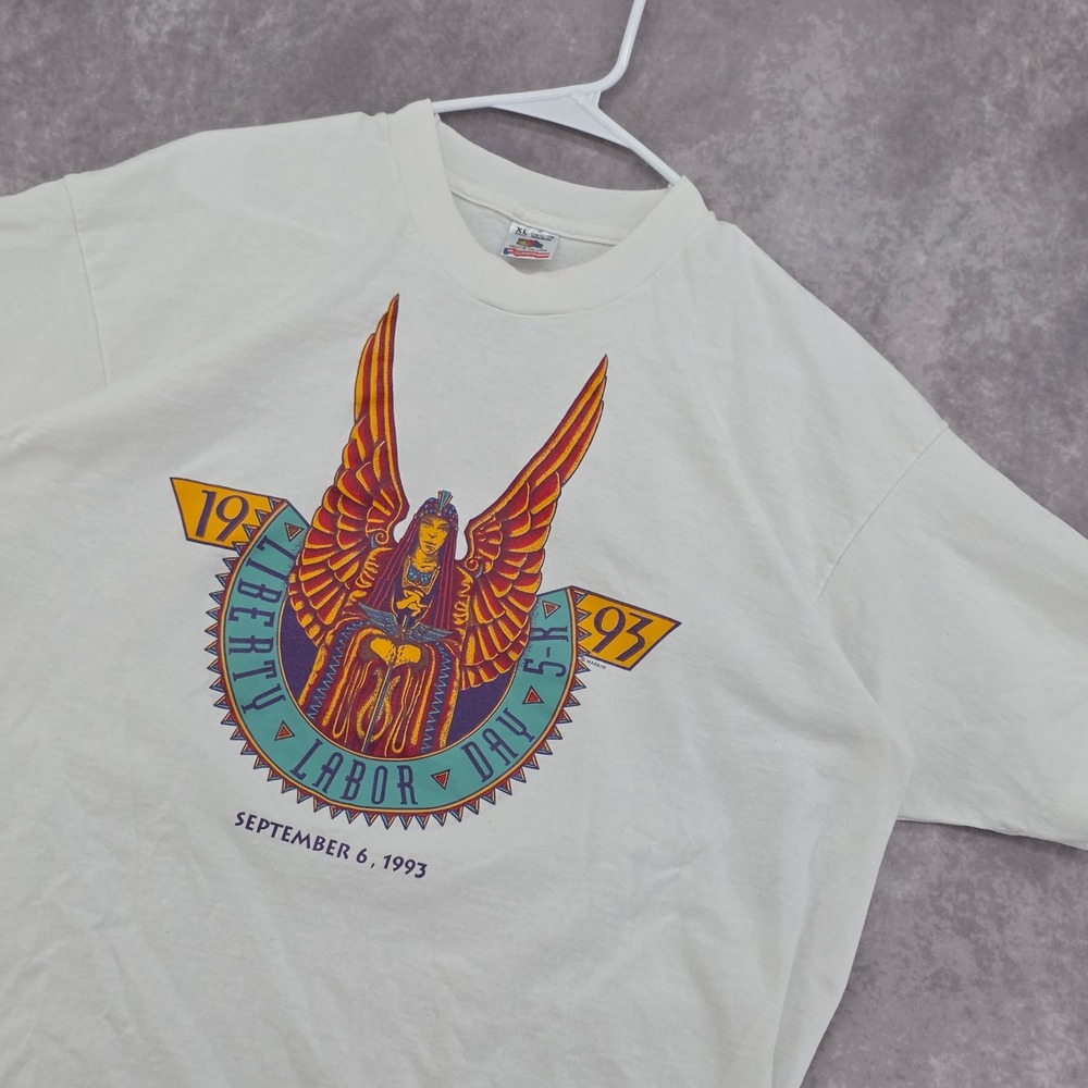 Vintage 1993 Liberty Labor Day 5-K T-Shirt XL White Single Stitch Tulsa Hardin